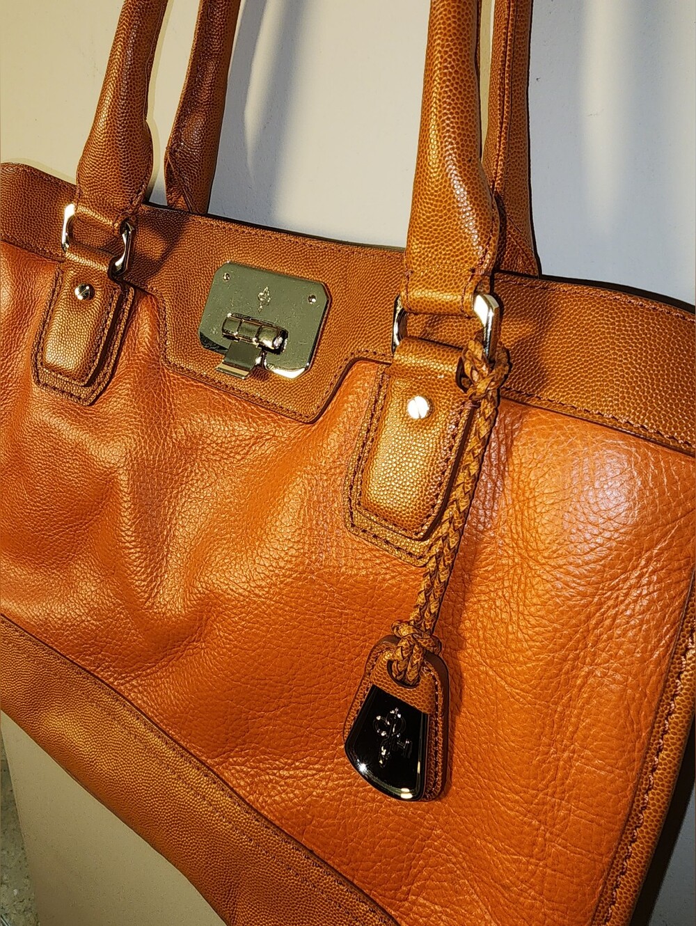 Cole Haan Burnt Orange Textured Leather Kendra Valise Tote Purse Caramel Trim - Picture 4 of 9